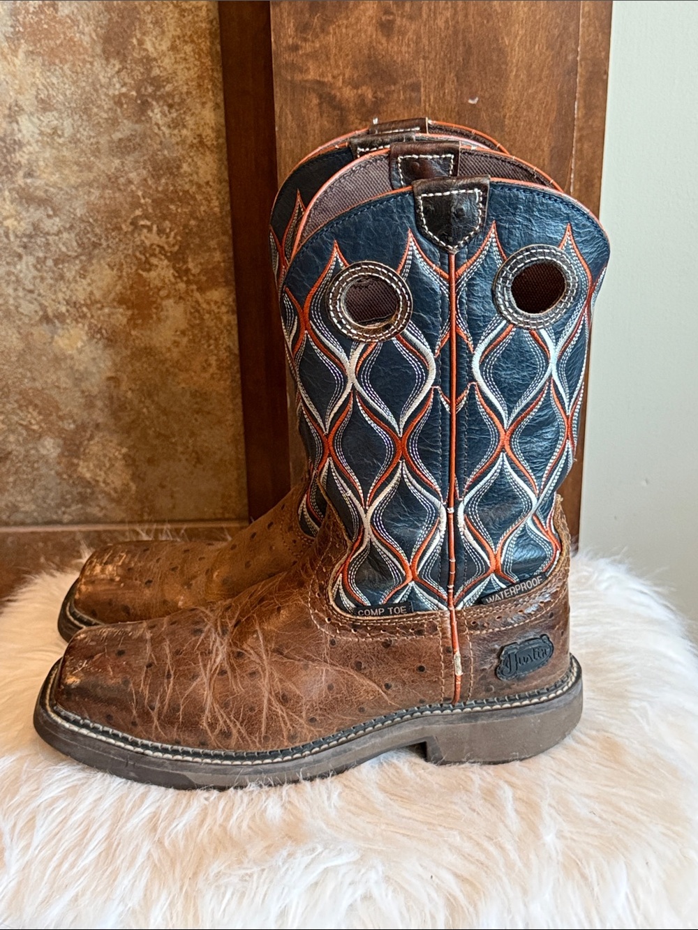 Justin 8B Waterproof Composite Toe Western Work Boots Brown Blue Pattern
